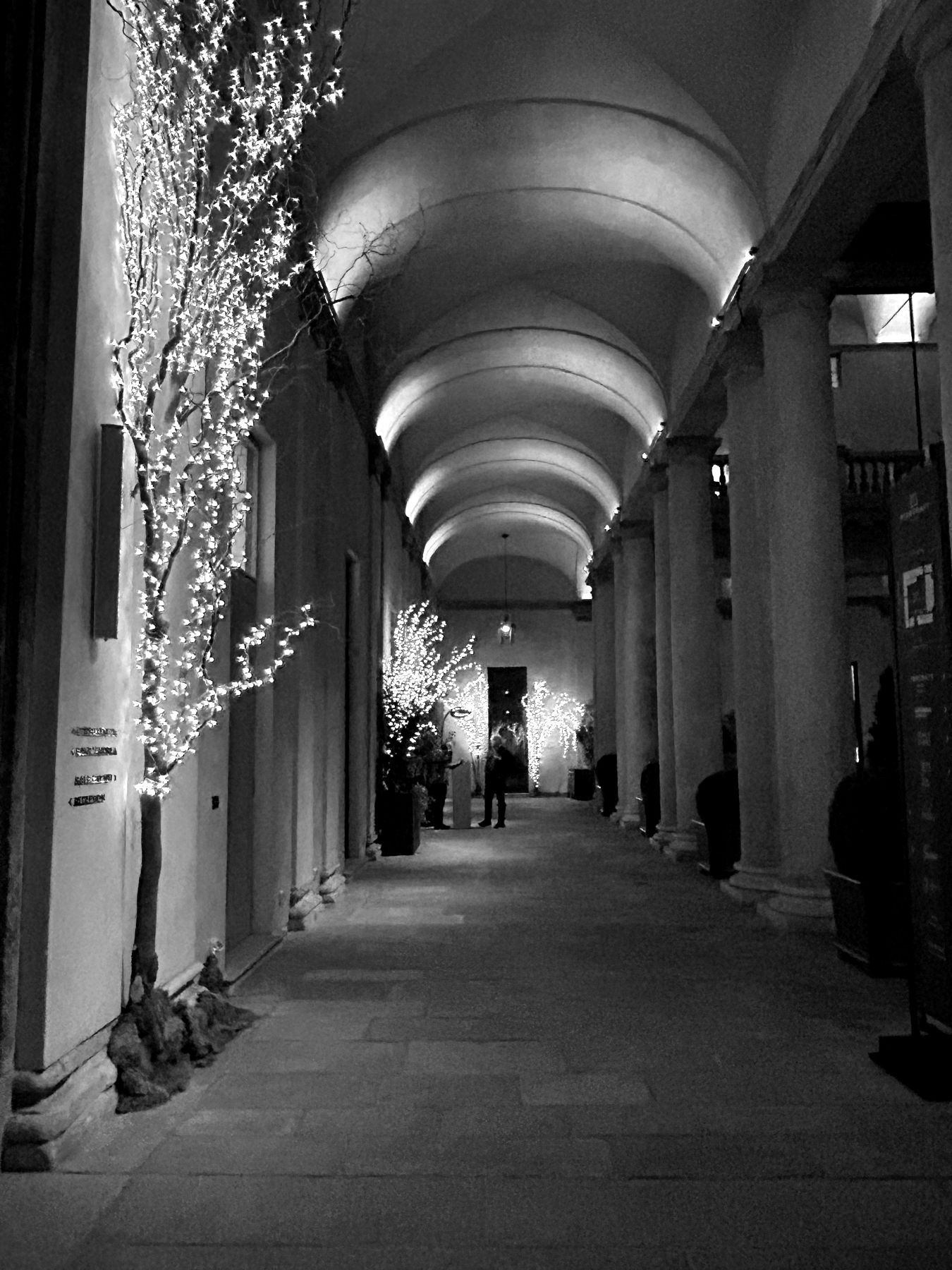 Vaulted arcade in Milan lit at night